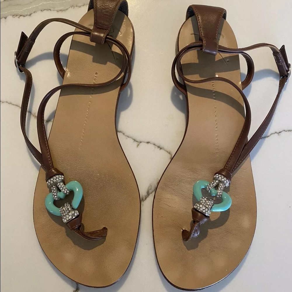 Giuseppe Zanotti tan leather sandals with turquoise enamel and crystal